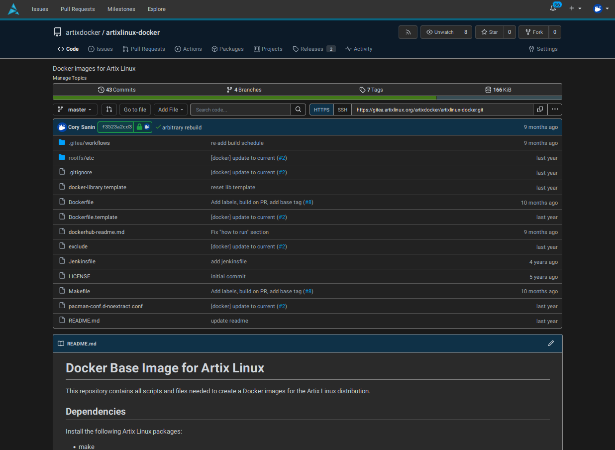 Screenshot of Gitea with the Artix dark blue theme