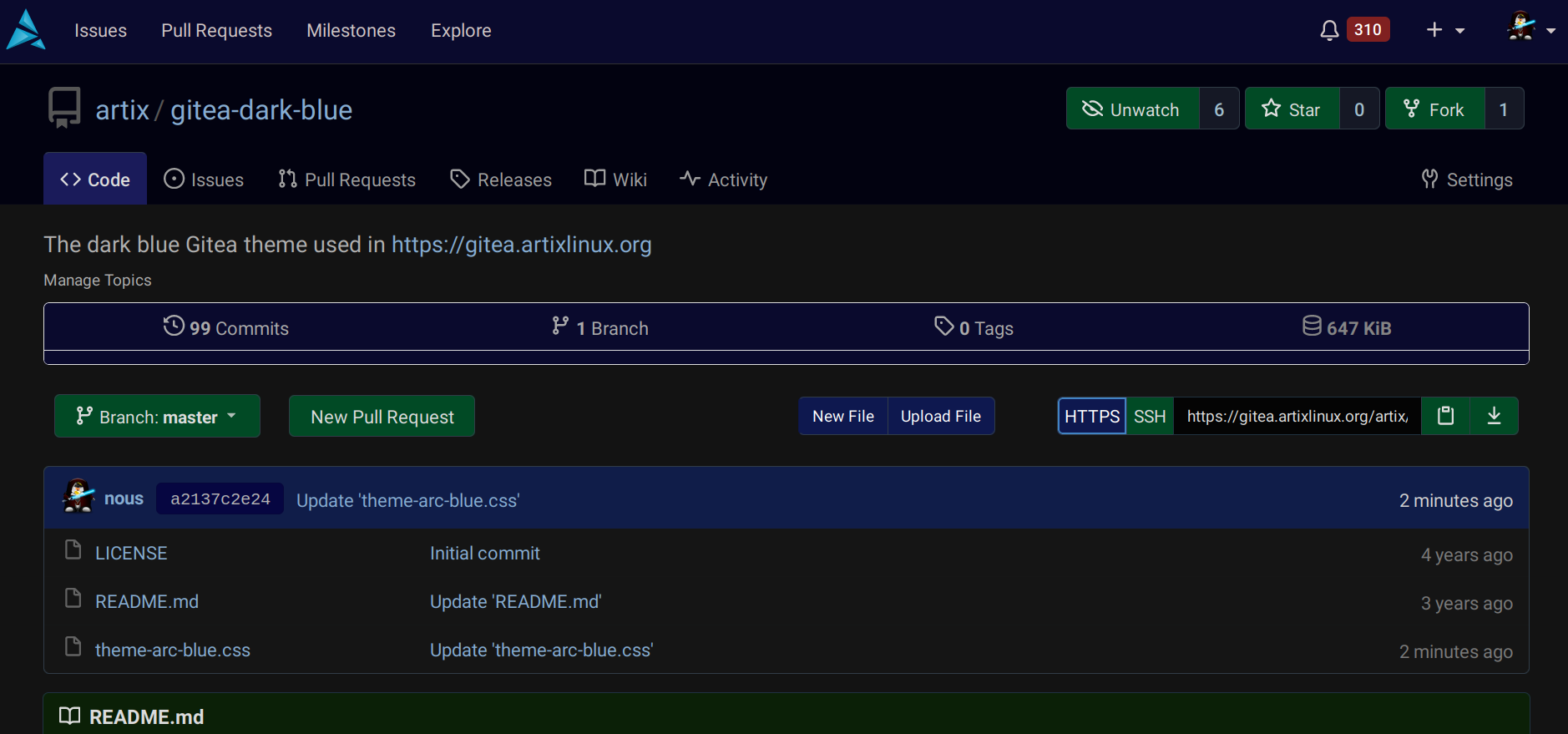 Screenshot of Gitea with the Artix dark blue theme